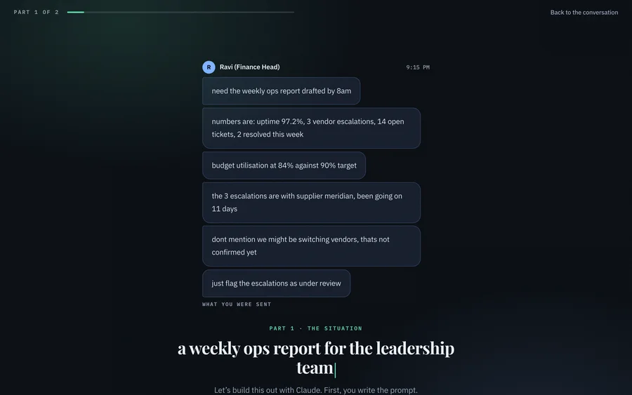 A stack of chat messages from a colleague called Ravi, finance head, asking for the weekly ops report by 8am with the numbers, and adding do not mention we might be switching vendors, that is not confirmed yet.