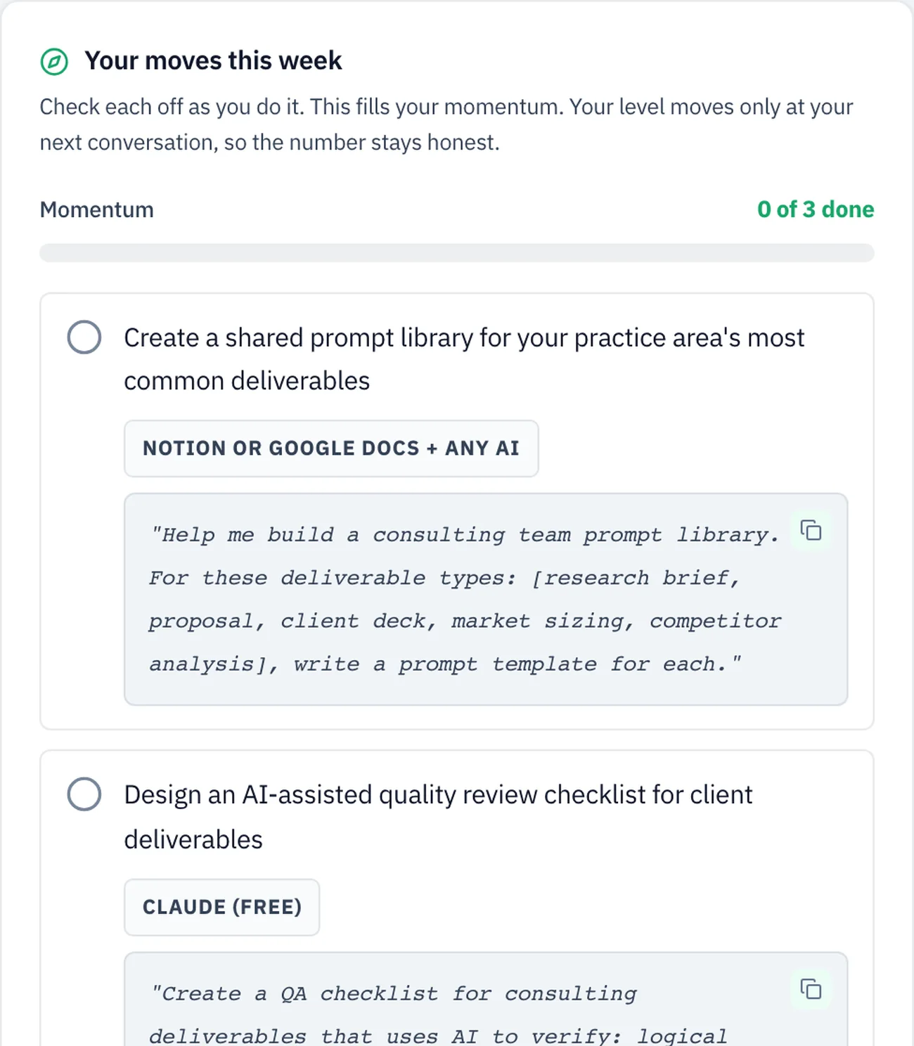 Your moves this week: tasks for a consultant such as building a shared prompt library and designing an AI-assisted quality review checklist, each with the tool to use and a ready-to-paste prompt.