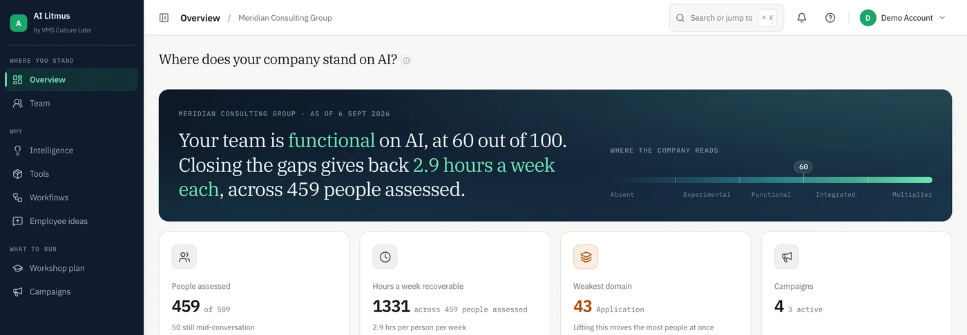 The AI Litmus leader overview: your team is functional on AI at 60 out of 100, closing the gaps gives back 2.9 hours a week each across 459 people assessed, with cards for 459 of 509 people assessed, 1331 hours a week recoverable, weakest domain 43 in application, and 4 campaigns.