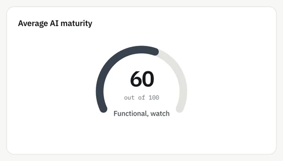 A gauge headed average AI maturity showing 60 out of 100, labelled functional, watch.